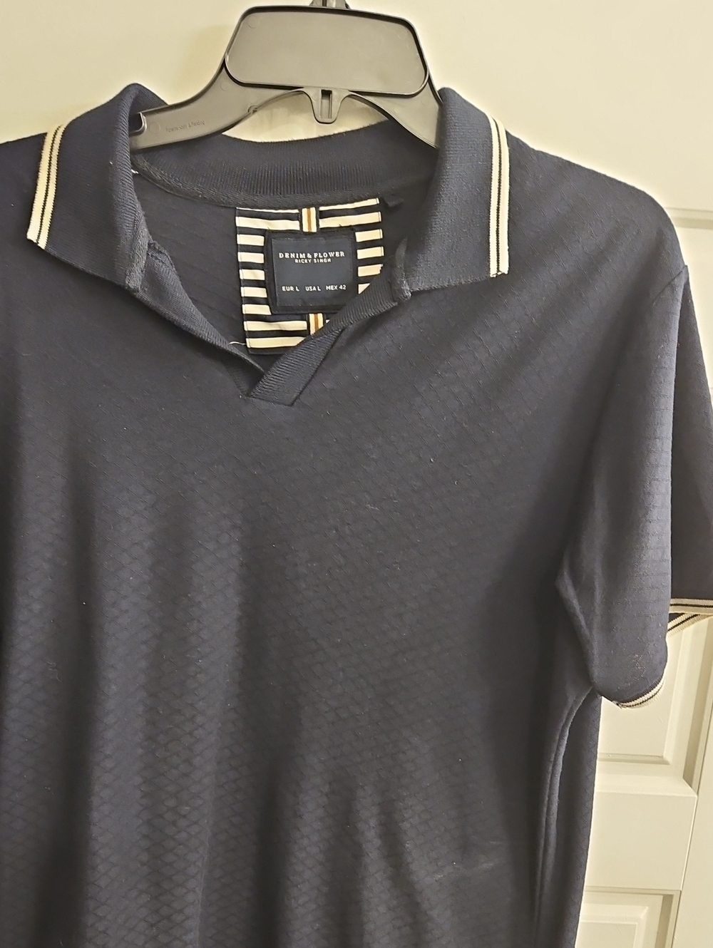 Denim & Flower Navy Polo with Contrast White Collar Stripes